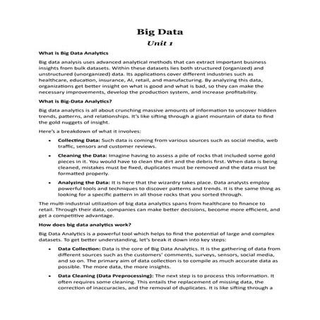 Comprehensive Notes on Big Data Concepts and Applications Based on University...