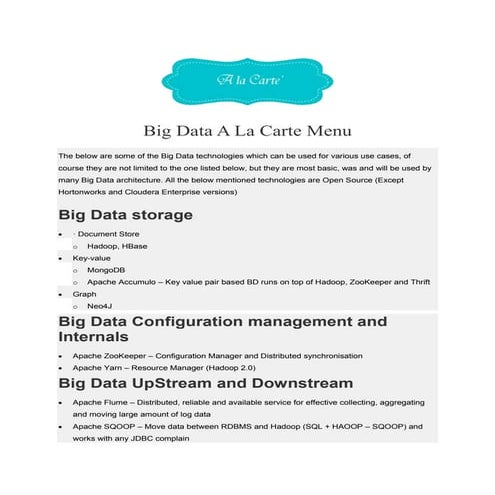 Big Data A La Carte Menu