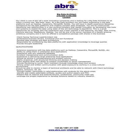 Big Data Architect job from abrs, see @niruban_abrs