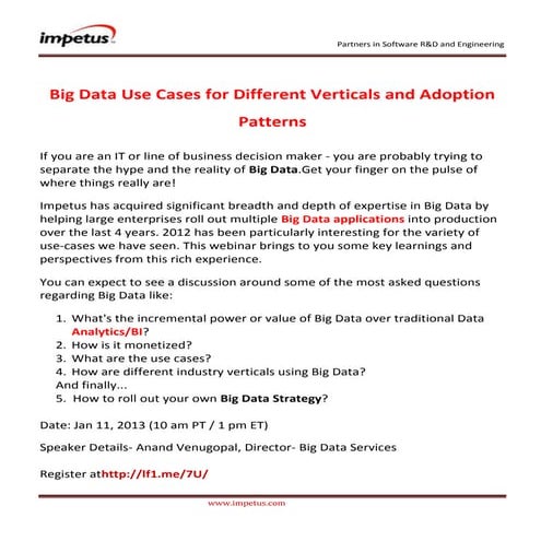 Big Data Use Cases for Different Verticals and Adoption Patterns