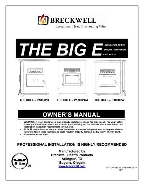 B I G. E. P E L L E T. S T O V E.. P1000 2009 Manual | PDF