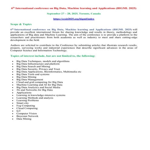 6th International conference on Big Data, Machine learning and ...