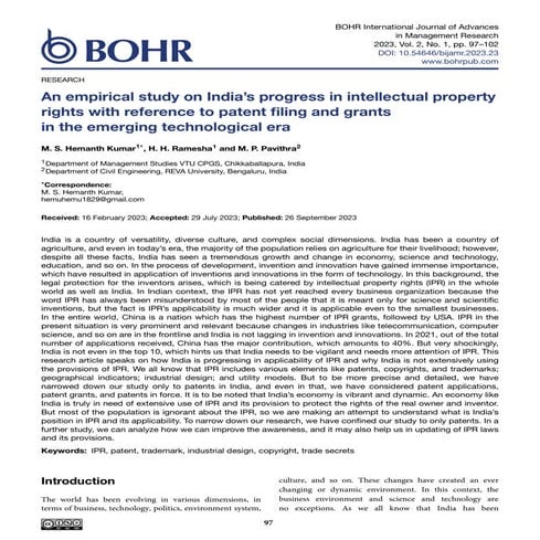 An empirical study on India’s progress in intellectual property rights with reference to patent filing and grants in the emerging technological era