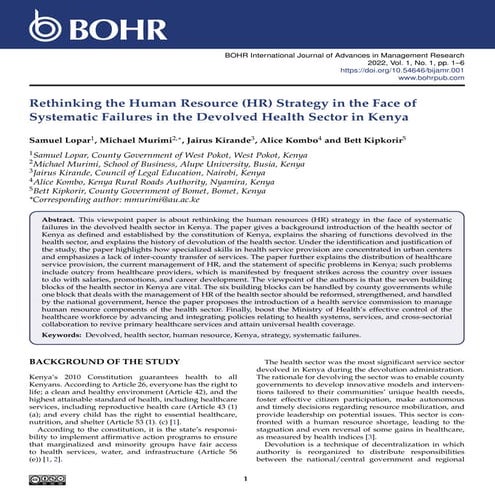 Rethinking the Human Resource (HR) Strategy in the Face of Systematic Failures in the Devolved Health Sector in Kenya