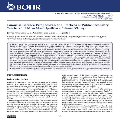Financial Literacy, Perspectives, and Practices of Public Secondary Teachers in Urban Municipalities of Nueva Vizcaya