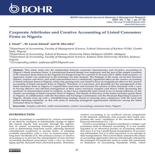 Corporate Attributes and Creative Accounting of Listed Consumer Firms in Nigeria