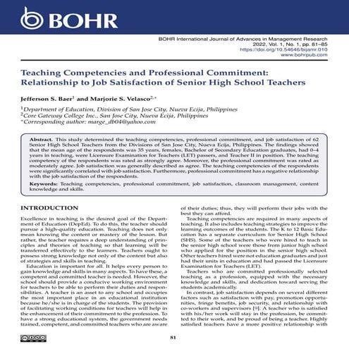 Teaching Competencies and Professional Commitment: Relationship to Job Satisfaction of Senior High School Teachers