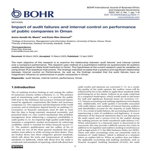 Impact of audit failures and internal control on performance of public ...