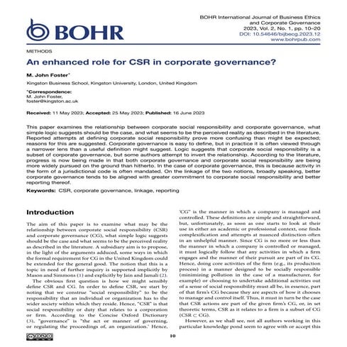 An enhanced role for CSR in corporate governance?