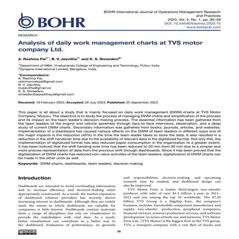 Analysis of daily work management charts at TVS motor company Ltd