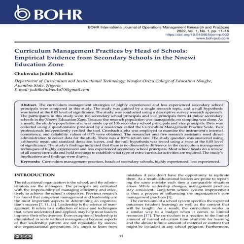 Curriculum Management Practices by Head of Schools: Empirical Evidence from S...