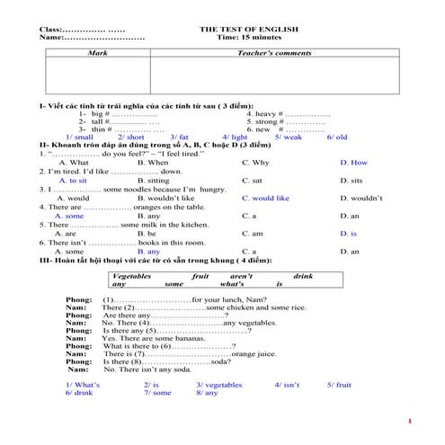 Bài kiểm tra 15 phút số 1 hkii tiếng anh lớp 6 (with key)