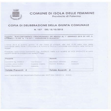 BILANCIO 2015 ISOLA DELLE FEMMINE 15 OTTOBRE DELIBERA GIUNTA 157 RESIDUI AL 1...