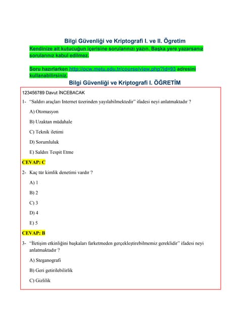 Bilgi güvenliği ve Kriptografi Soruları