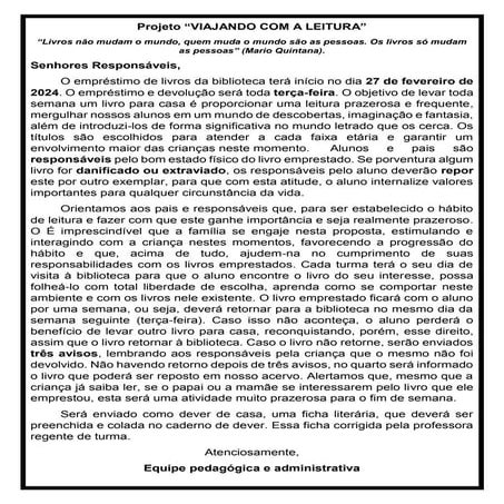 bilhete Projeto biblioteca para  família