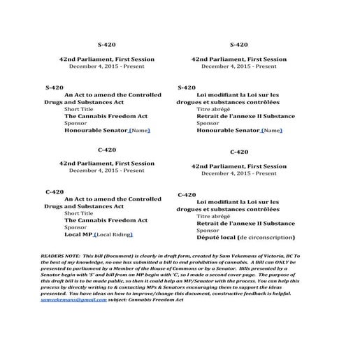 Bill C-986 Strike Marijuana (Cannabis) from CDSA Act / C-987 Repeal Cannabis Prohibition Act (open public draft)