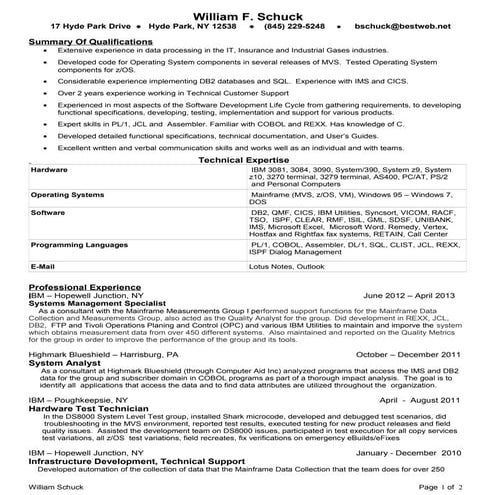 Bill schuck   mainframe programmer - 2013 resume