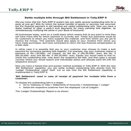 Bill settlement | SQL to Tally | Tally.NET Services | Tally TDL