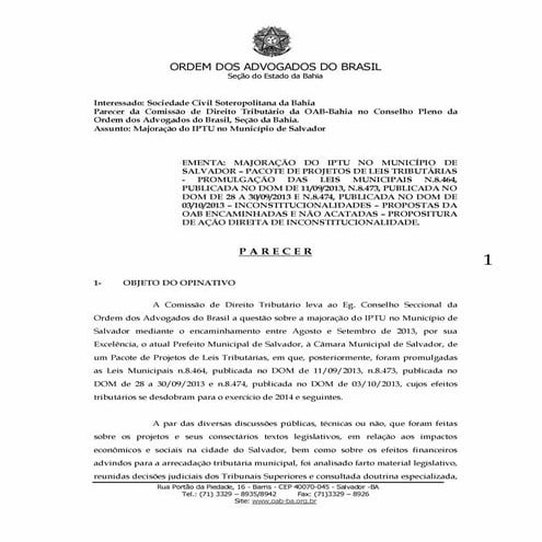 Parecer da OAB da Bahia sobre o aumento do IPTU em Salvador
