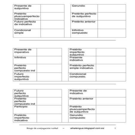 Bingo de conjugación verbal