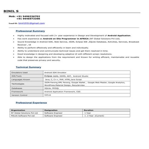 Binil s .(2 .4 +year exp android )