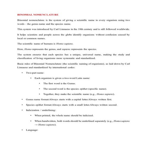 BINOMIAL NOMENCLATURE OF ORGANISMS- BASIC RULES | PDF