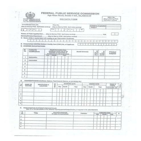 FPSC Bio data form fpsc