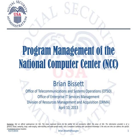 Program Management of SSA's Data Center OMB 300 Program
