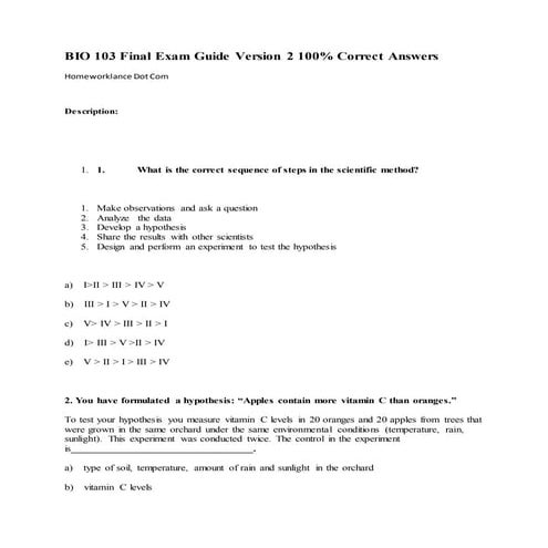 Bio 103 final exam guide version 2 100% correct answers | DOCX