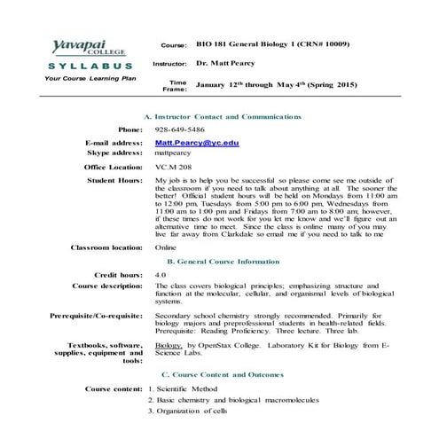 Bio 181 syllabus spring 2015