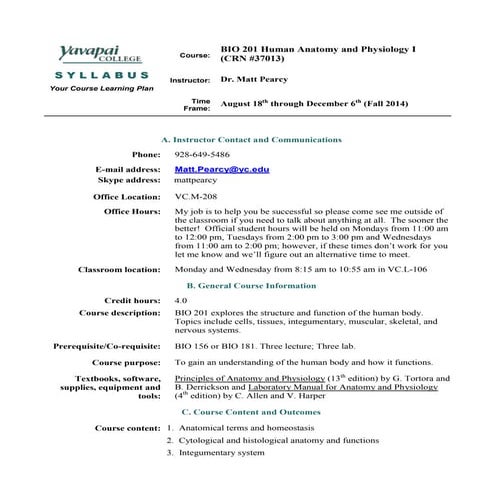 Bio 201 syllabus fall 2014 inperson