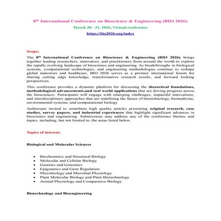 8th International Conference on Bioscience & Engineering (BIO 2026) | PDF