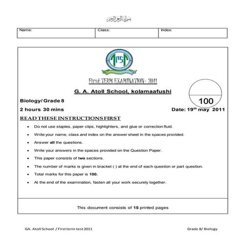 Bio 8 first term exam 2011