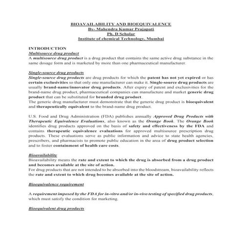 Bioavailability and bioequivalence