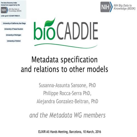 BioCADDIE: Descriptive Metadata for Datasets WG3 - ELIXIR All Hands