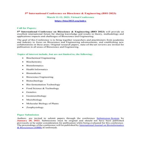5th International Conference on Bioscience & Engineering (BIO 2023)