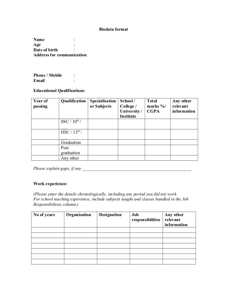 biodata format for job in word