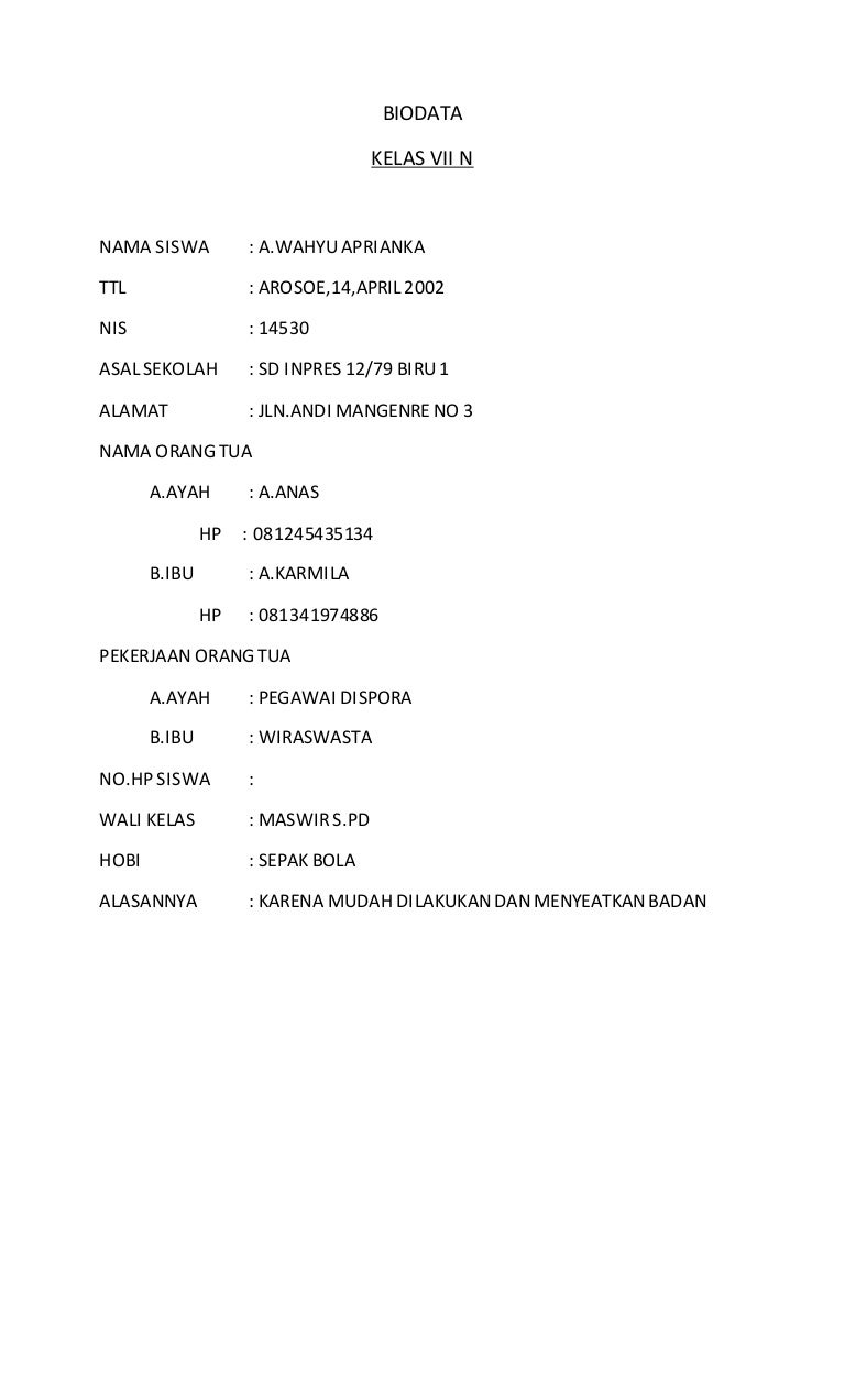 Biodata Kelas Vii N