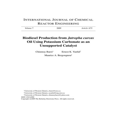 Biodiesel Production from Jatropha Curcas Oil Using Potassium Carbonate as an...