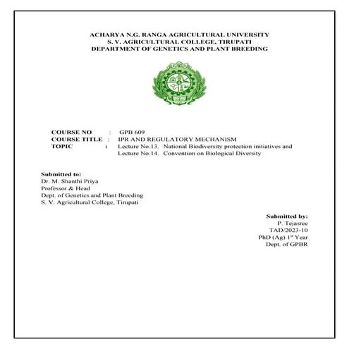 National Biodiversity protection initiatives and  Convention on Biological Di...