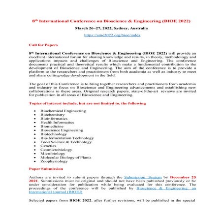 8th International Conference on Bioscience & Engineering (BIOE 2022)