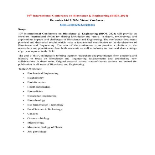 10th International Conference on Bioscience & Engineering (BIOE 2024)