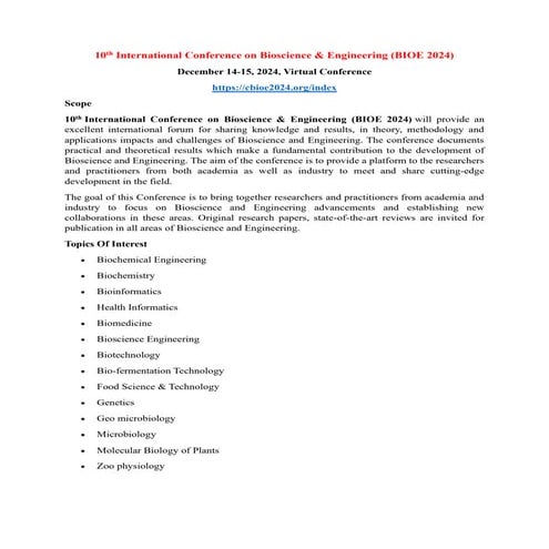10th International Conference on Bioscience & Engineering (BIOE 2024)