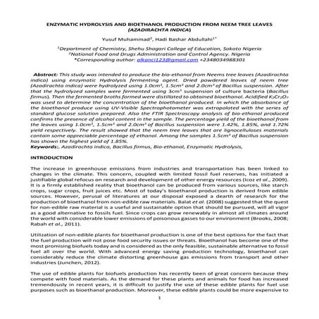 Bioethanol from neem tree leaves via organisms hydrolysis