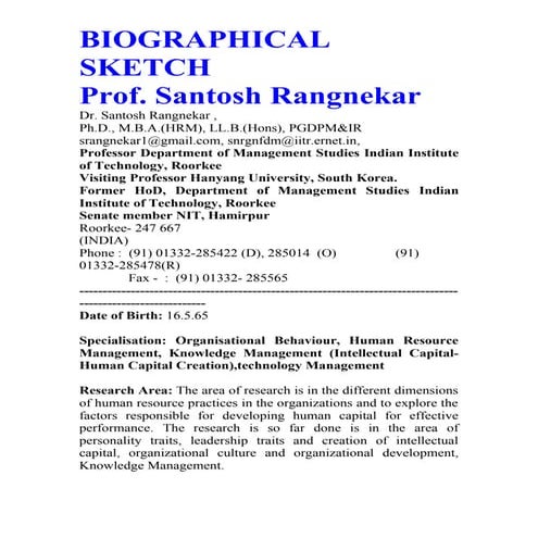 BIOGRAPHICAL SKETCH Prof. Santosh Rangnekar