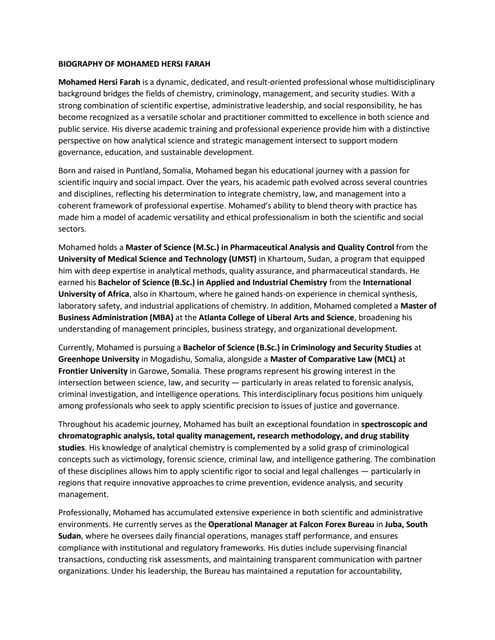 BIOGRAPHY OF MOHAMED HERSI FARAH, M.Sc Chemistry
