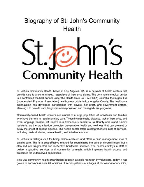 St. John's Community Health, Non-profit, health care