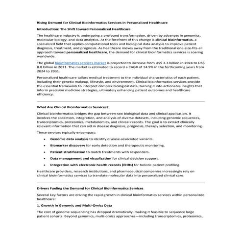 Rising Demand for Clinical Bioinformatics Services in Personalized Healthcare