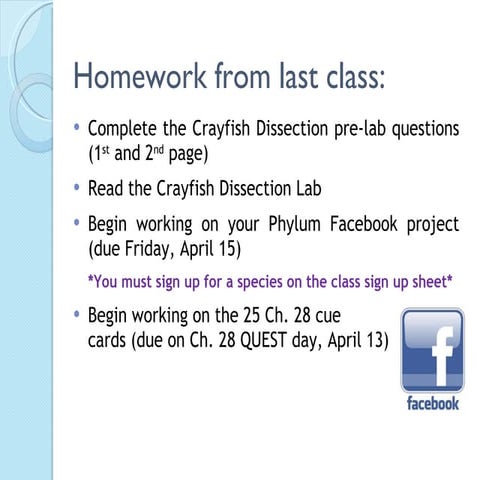 Biol 11 Lesson 3 April 11  - Ch. 28 Crayfish Dissection