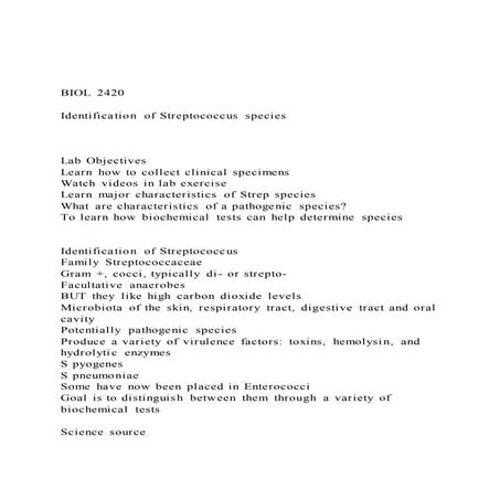 BIOL 2420Identification of Streptococcus speciesLa
